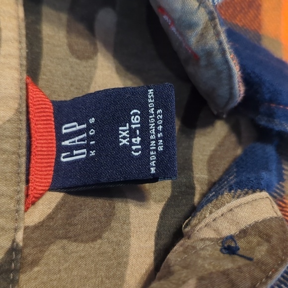 Navy tan and orange plaid flannel button-down shirt with snaps - Picture 3 of 3